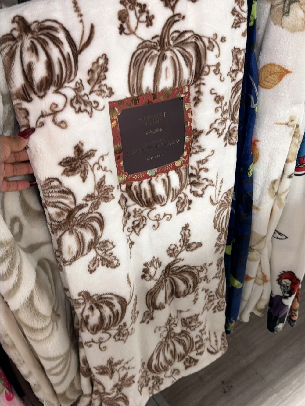 Plush Throw Blanket - Cream with Brown Pumpkin Print